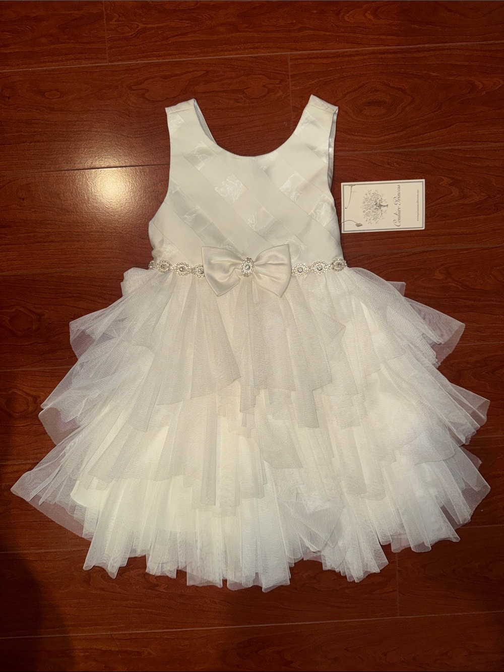 Girls White Tulle Party Dress with Bow and Beaded Waist
